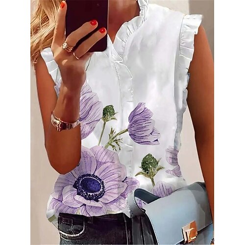 

Damen Tank Top Weiß Blau Purpur Blumen Rüsche Bedruckt Ärmellos Casual Festtage Basic Stehkragen Standard Blume S