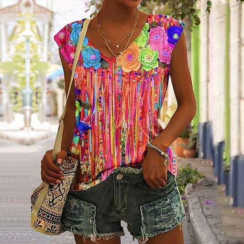 

Mujer Camiseta sin mangas Amarillo Rosa Floral Estampado Sin Mangas Casual Festivos Básico Escote en Pico Regular Flor S