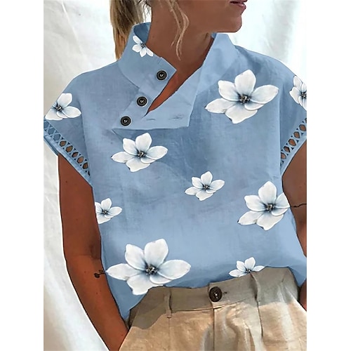 

Women's Shirt Blouse Blue Khaki Floral Button Print Short Sleeve Casual Holiday Basic Standing Collar Regular Floral S