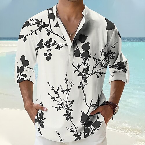 

Homme Chemise Chemise Lin Imprimés Photos Feuilles Mao Noir Blanche Gris Extérieur Plein Air manche longue Imprimer Vêtement Tenue Lin Mode Vêtement de rue Design Décontractées
