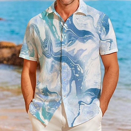 

Homens Camisa Social camisa de linho Camisa havaiana Gradiente Estampas Abstratas Mármore Aberto para a Lateral Azul Ao ar livre Rua Manga Curta Imprimir Roupa Linho Esportes Moda Roupa de rua