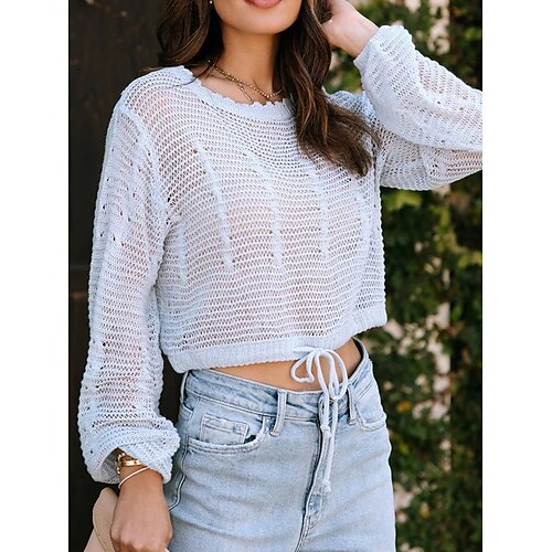 

Mujer Suéter de punto Puente Croché Tejer Agujero Color sólido Cuello Barco Elegante Sensual Diario Noche Verano Primavera Blanco Tamaño Único