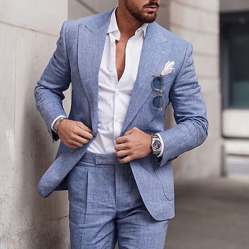 

Men's Wedding Linen Suits 2 Piece Blue Solid Colored Summer Suits Tailored Fit Single Breasted One-button 2023