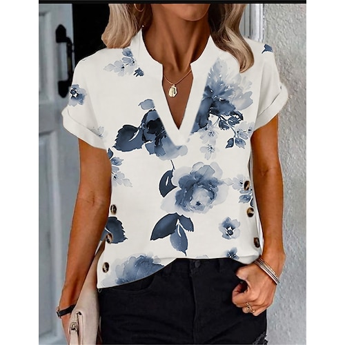 

Damen T Shirt Weiß Blau Grün Blumen Punkt Bedruckt Kurzarm Festtage Wochenende Basic V Ausschnitt Standard Blume Farbe S