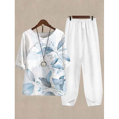 

Women's Shirt Pants Sets Pants Trousers Streetwear White Yellow Casual Holiday Graphic Floral Print Crew Neck S M L XL 2XL