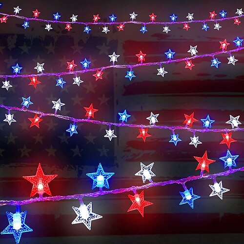 

4th of July Star String Lights 1.5m10led/3m20led/6m40led Memorial Day Decoration Red White Blue Star Lights Plug in Connectable for Independence Day Outdoor Patriotic Theme Decor