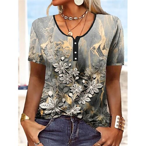 

Mujer Camiseta Gris Floral Botón Estampado Manga Corta Festivos Fin de semana Básico Escote Redondo Regular Flor Pintura S