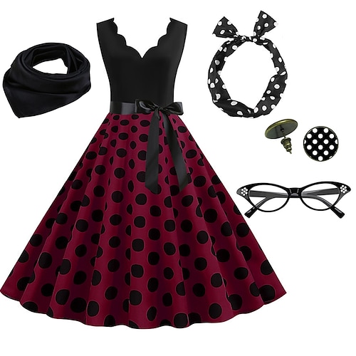 

Women's A-Line Rockabilly Dress Polka Dots Swing Dress Flare Dress with Accessories Set 1950s 60s Retro Vintage with Headband Scarf Earrings Cat Eye Glasses 5PCS For Vintage Swing Party Dress