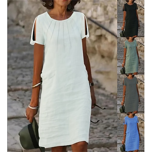 

Robe casual Robe en Coton Femme Robe mi-longue Mélange de Coton Mode basique Extérieur du quotidien Vacances Col Ras du Cou Découpé Manche Courte Eté Printemps 2023 Ample Noir Blanche Bleu Plein S M