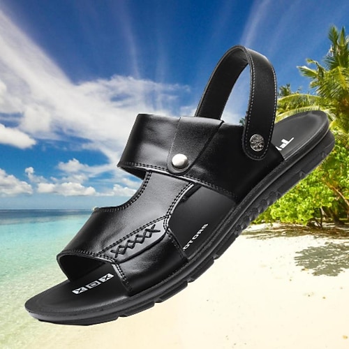

Men's Sandals Plus Size Slingback Sandals Beach Daily Walking Shoes Cowhide PU Waterproof Breathable Wear Proof Dark Brown Black Summer