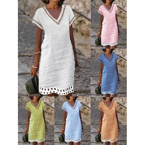 

Women's Casual Dress Cotton Dress Shift Dress Midi Dress Cotton Blend Fashion Basic Outdoor Daily Vacation V Neck Hollow Out Short Sleeve Summer Spring 2023 Loose Fit Light Blue White Yellow Plain S