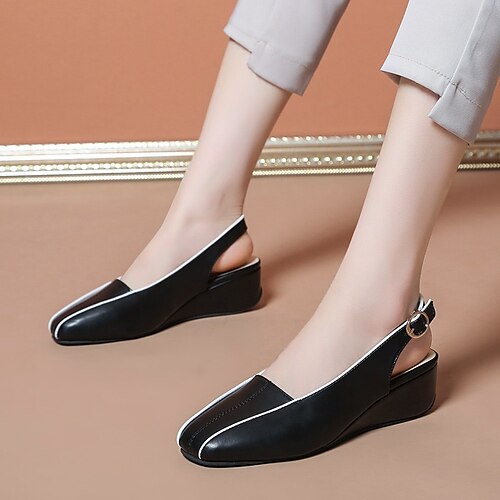 

Women's Heels Sandals Wedge Heels Ankle Strap Heels Daily Summer Wedge Heel Square Toe Classic Casual Faux Leather Ankle Strap Black Beige