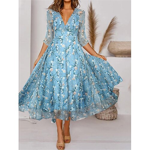 

Mujer Vestimenta casual Vestido de raso Vestido de una línea Floral Estampado Escote en Pico Vestido Midi Moda Ropa de calle Exterior Diario Manga 3/4 Ajuste regular Azul Piscina Verano Primavera S M