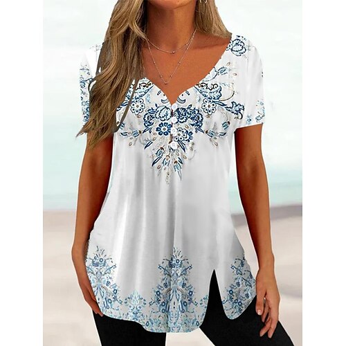 

Damen Hemd Bluse Weiß Blumen Bedruckt Kurzarm Casual Festtage Basic V Ausschnitt Standard Blume S