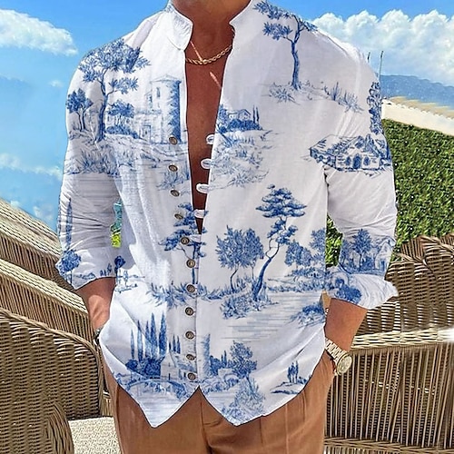 

Homme Chemise Chemise Lin Arbre Imprimés Photos Mao Rouge Bleu Vert Gris Extérieur Plein Air manche longue Imprimer Vêtement Tenue Mode Design Décontractées Confortable