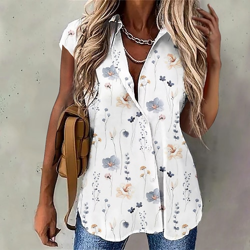 

Chemise Chemisier Femme Blanche Floral Bouton Imprimer Manche Courte Casual Vacances basique Col de Chemise Normal Standard Fleur S