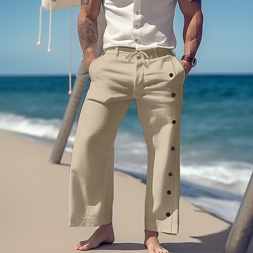

Homens Calças de linho Calças Calça verão Calças de praia Com Cordão Perna larga Botão Lateral Tecido Conforto Respirável Casual Diário Feriado Misto de Algodão e Linho Moda Estilo Clássico Preto