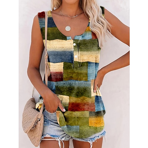 

Women's Tank Top Red Blue Green Geometric Button Print Sleeveless Casual Basic U Neck Geometric