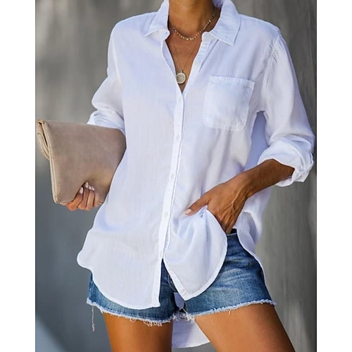 

Women's Shirt Blouse Black White Pink Plain Button Long Sleeve Casual Basic Shirt Collar Regular Cotton S