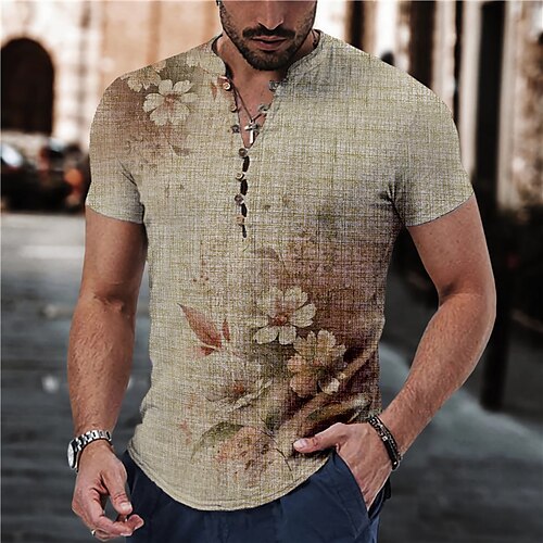 

Homens Camisa Social camisa de linho Floral Estampas Abstratas Colarinho Chinês Azul Verde Cáqui Cinzento Ao ar livre Rua Manga Curta Imprimir Roupa Linho Moda Roupa de rua Designer Casual