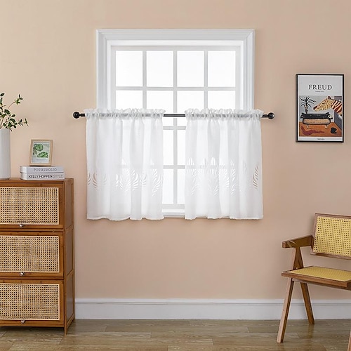 

Cortinas de cocina transparentes blancas, cortinas de cenefa de encaje para ventana, cortinas de café cortas, bolsillo de barra de granja para sala de estar, dormitorio, balcón, puerta, armario