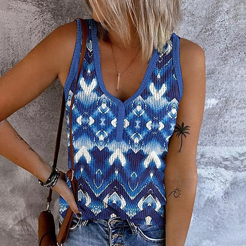 

Damen Tank Top Rosa Blau Grün Geometrisch Bedruckt Ärmellos Casual Ethnisch V Ausschnitt Standard Geometrisch S