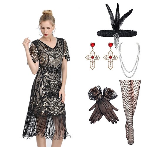 

Brüllen 20s 1920s Vintage inspiriert Flapper Kleid Austattungen Flapper Stirnband Damen Pailletten Quaste Kostüm Ohrring Perlenkette Jahrgang Cosplay Party Abend Casual Party / Cocktail Kurzarm