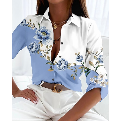 

Women's Shirt Blouse Pink Blue Purple Floral Button Print Long Sleeve Casual Holiday Basic Shirt Collar Regular Floral S