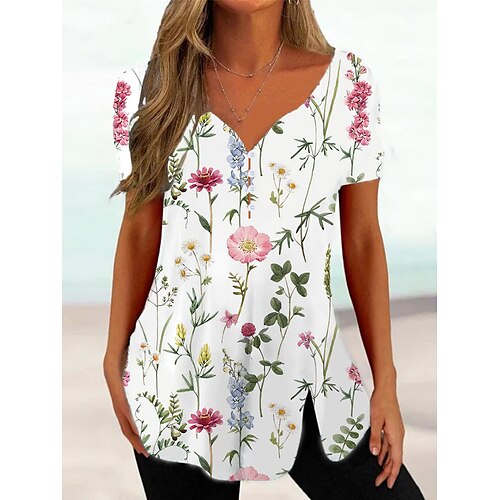 

Mulheres Camiseta Blusa Branco Azul Verde Floral Botão Imprimir Manga Curta Casual Feriado Básico Decote V Padrão Tema Flores S