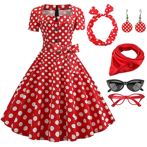 

Damen A-Linie Rockabilly-Kleid Polka Dots Swing-Kleid Schlagkleid mit Zubehör-Set 1950er 60er Jahre Retro Vintage mit Stirnband Chiffon-Schal Ohrringe Katzenbrille Sonnenbrille 6-tlg