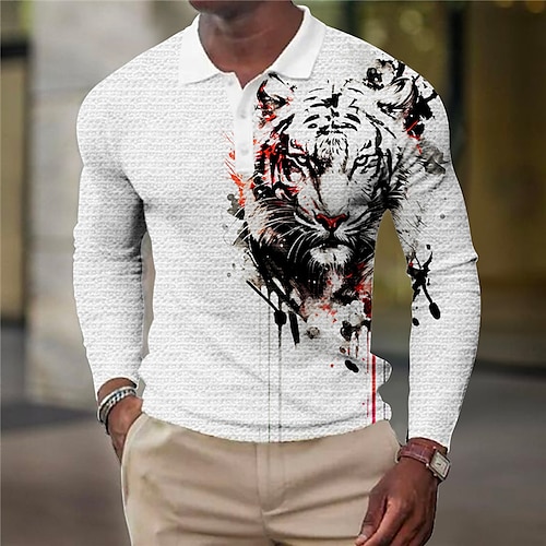 

Hombre POLO Camiseta de golf Animal Tigre Estampados Cuello Vuelto Blanco Azul Piscina Exterior Calle Manga Larga Estampado Ropa Moda Design Casual Transpirable