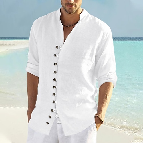 

Men's Shirt Linen Shirt Summer Shirt Beach Shirt Black White Pink Long Sleeve Plain Collar Spring & Summer Casual Daily Clothing Apparel