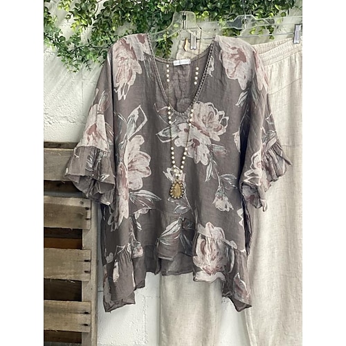 

Mulheres Blusa Azul Claro Marron Escuro Floral Frufru Imprimir Manga Curta Feriado Final de semana Básico Decote V Padrão Tema Flores Pintura S