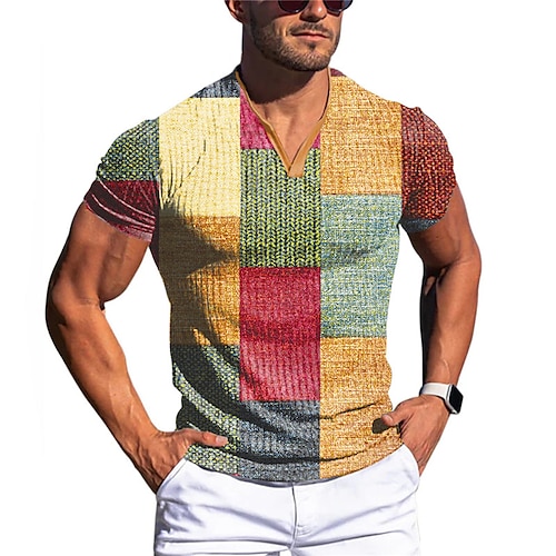 

Homens Camiseta Waffle Gráfico Xadrez Bloco de cor Decote V Roupa Impressão 3D Ao ar livre Diário Manga Curta Moda Designer Básico