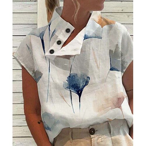 

Mulheres Camisa Social Blusa Branco Rosa Azul Floral Botão Imprimir Manga Curta Casual Feriado Básico Colarinho Clerical Padrão Tema Flores S