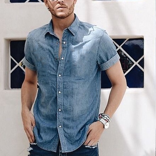 

Homens Camisa Social camisa de botão camisa de verão Camisa Jeans Camisa jeans Azul Manga Curta Tecido Lapela Diário Férias Roupa Moda Casual Confortável