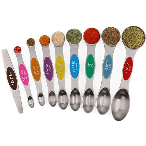 Magnetic Measuring Spoons Set Dual Sided Measuring Scoop With Leveler  Stainless Steel Measuring Spoons 9pcs