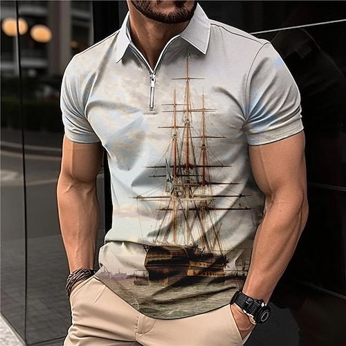 

Homens Polo com zíper pólo de lapela Camiseta Polo Camisa de golfe Estampas Abstratas Vintage Veleiro Aberto para a Lateral Amarelo Azul Verde Cinzento Ao ar livre Rua Manga Curta Zíper Imprimir Roupa