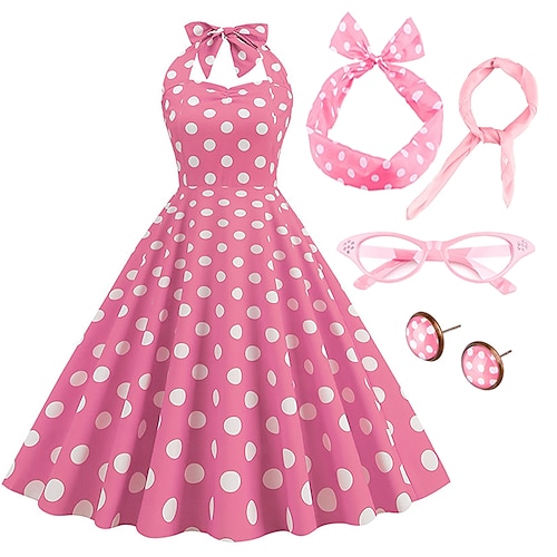 

Women's A-Line Rockabilly Dress Polka Dots Halter Swing Dress Flare Dress with Accessories Set 1950s 60s Retro Vintage with Headband Scarf Earrings Cat Eye Glasses 5PCS For Vintage Swing Party Dress