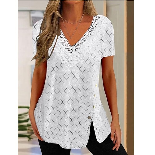 

Mujer Camisa Blusa Blanco Plano Encaje Cortado Manga Corta Casual Básico Escote en Pico Regular S