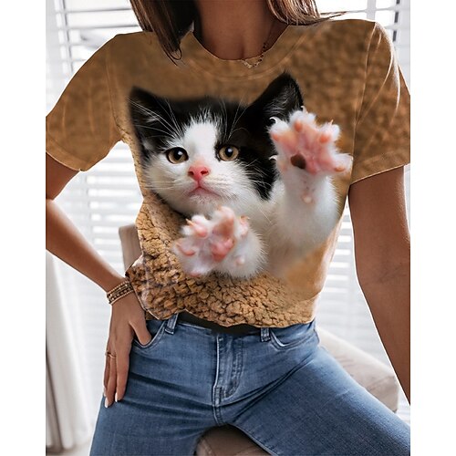 

Damen T Shirt Gelb Katze 3D Bedruckt Kurzarm Täglich Wochenende Basic Rundhalsausschnitt Standard 3D Cat Farbe S