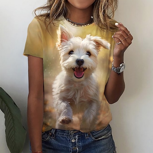 

Mulheres Camiseta Amarelo Cachorro Imprimir Manga Curta Diário Final de semana Básico Decote Redondo Padrão Pintura S