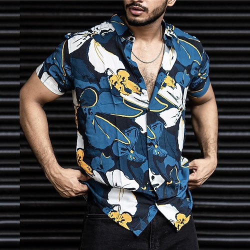 

Men's Shirt Summer Hawaiian Shirt Floral Graphic Prints Turndown Yellow Navy Blue Blue Outdoor Street Short Sleeves Print Clothing Apparel Fashion Streetwear Designer Casual