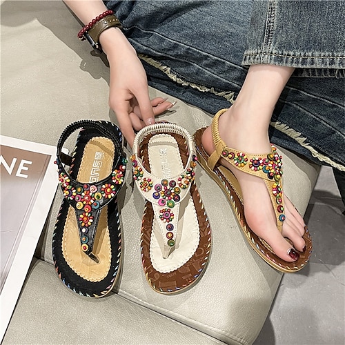 

Mulheres Sandálias Boho Sapatos Confortáveis Tamanhos Grandes Diário Praia Dedo Aberto Estilo bonito Casual Couro Mocassim Preto Amarelo Bege