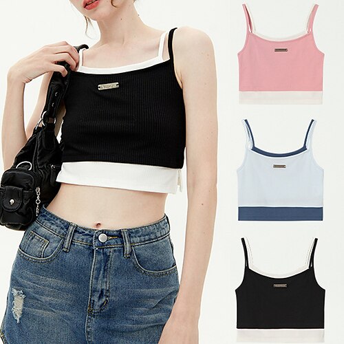 

camisole solide de base pour femmes cami spaghetti strap double couche crop débardeur poupée mignon y2k barbiecore