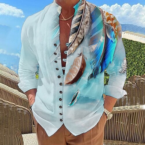 

Homme Chemise Chemise Lin Imprimés Photos Plume Mao Jaune Bleu Violet Vert Extérieur Plein Air manche longue Imprimer Vêtement Tenue Mode Design Décontractées Confortable
