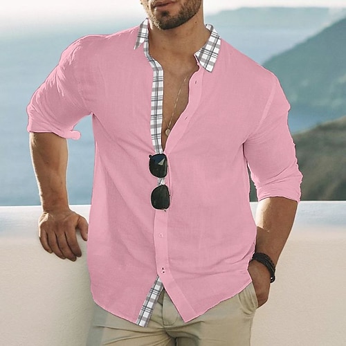 

Homens Camisa Social camisa de botão camisa de verão camisa de praia Branco Rosa Azul Manga Longa Bloco de cor Lapela Primavera Verão Casual Diário Roupa