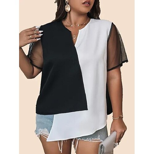 

Damen Hemd Bluse Weiß Blau Purpur Farbblock Gitter Patchwork Kurzarm Casual Strassenmode V Ausschnitt Standard L