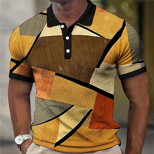 

Men's Polo Shirt Waffle Polo Shirt Lapel Polo Button Up Polos Golf Shirt Color Block Graphic Prints Geometry Turndown Black Yellow Orange Green Khaki Outdoor Street Short Sleeve Print Clothing Apparel