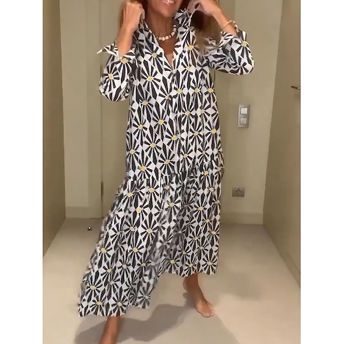 

Damen kleid lang blusenkleid Casual kleid Kleid drucken Geometrisch Strassenmode Modern Outdoor Täglich Urlaub Rüsche Taste Langarm Hemdkragen Kleid Regular Fit Schwarz Sommer Frühling S M L XL XXL